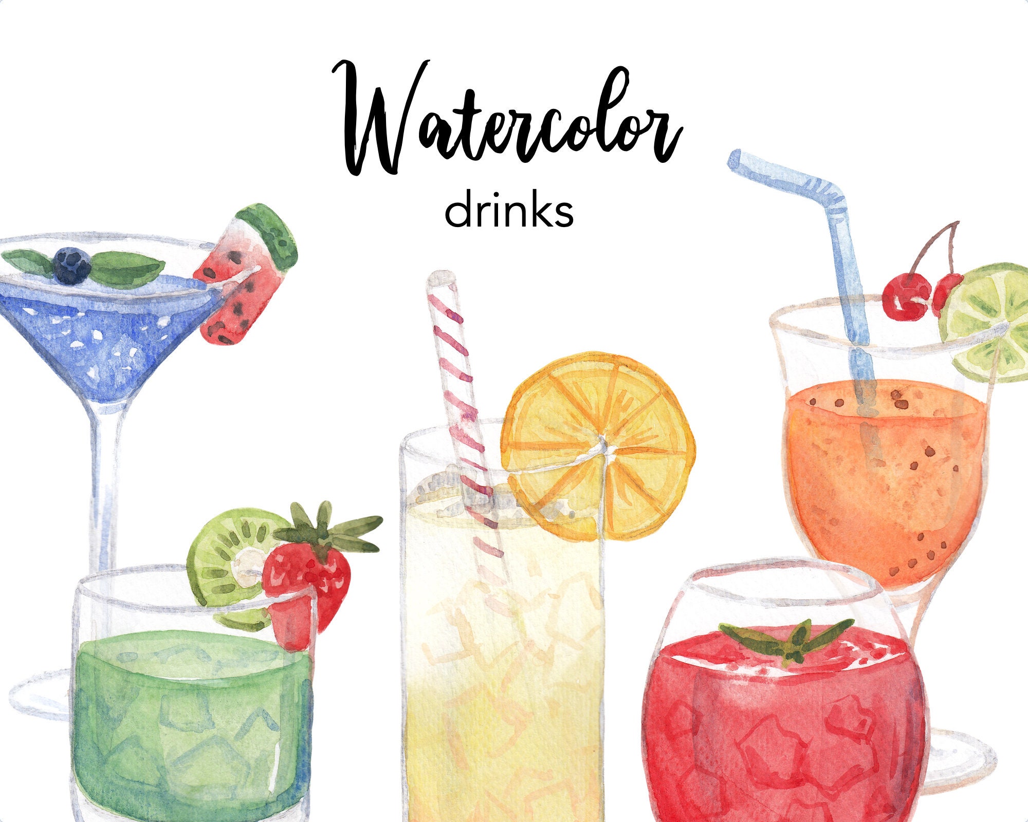 WATERCOLOR CLIPART, drinks clipart, food, kitchen, cocktails watercolour clipart set, commercial use, juice png files, clip art, digital
