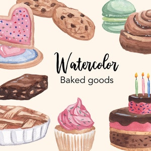 WATERCOLOR CLIPART, clipart da forno, cibo, cucina, set di clipart acquerello per prodotti da forno, uso commerciale, file png, ClipArt, png, digitale