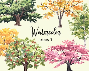 Watercolor Tree Clipart Set, Forest Scrapbook PNG (Digital Download)