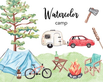 Aquarell Camping Clipart Set, Abenteuer PNG Dateien (digitaler Download)