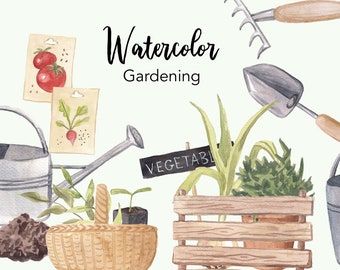 Watercolor Gardening Clipart, Rustic Garden Tools (Digital PNG)