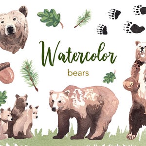 AQUARELL CLIPART, Bär Clipart, Aquarell Clipart Set, kommerzielle Nutzung, png Dateien, Grizzly Bär Clip Art, Wald, png, digital, Kinderzimmer