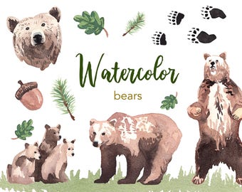Conjunto de imágenes prediseñadas de osos en acuarela, arte infantil (archivos PNG)