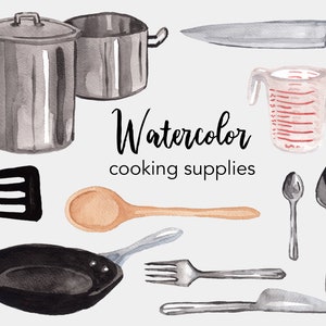 CLIPART AQUARELLE, ustensiles de cuisine, cuisine, nourriture, ménage, clipart, jeu de clipart aquarelle, utilisation commerciale, fichiers png, png, numérique,
