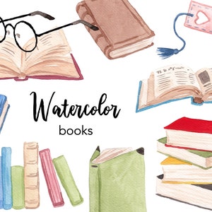 AQUARELL CLIPART, Buch clipart, Lesen, retro vintage Clip Art Set, Papier, Gläser, pastell, Lesezeichen, Grafik png
