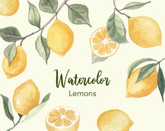 Watercolor Lemon Clipart Set, Fruits & Leaves (PNG Files)