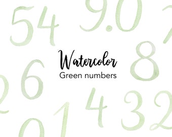 WATERCOLOR CLIPART, green numbers, watercolor number illustrations, math clipart, illustrations, font graphics, teaching resources, png file