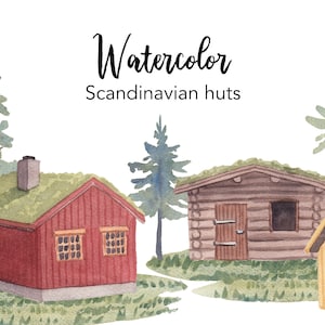 ACQUERELLO CLIPART, capanne scandinave clip art, acquerello clipart set, cabina, file png, cottage clip art, bosco, png, digitale, nordico
