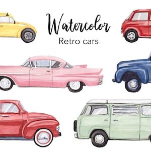 CLIPART DE AGUARELA, carros retrô, clipart de caminhão, clipart de carro, veículos, download instantâneo png, gráficos