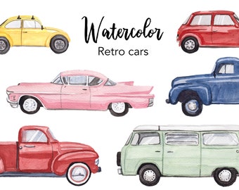 May include: Watercolor illustration of six retro cars in various colors, including yellow, red, pink, blue, green, and red. The cars are all facing forward and are set against a white background. The text "Watercolor Retro cars" is written in black at the top of the image.