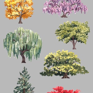 May include: Seven watercolor illustrations of different types of trees. The trees are depicted in various colors, including yellow, green, purple, and red. The illustrations are labeled "7 elements".