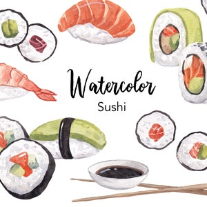 WATERCOLOR CLIPART, sushi clipart, food, Japanese summer kitchen, nigiri watercolour set, commercial use, png files, clip art, digital
