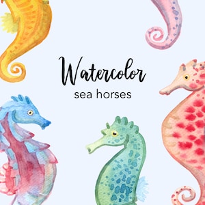 WATERCOLOR CLIPART, sea horses clipart, ocean beach summer vacation watercolour sea set, commercial use png files clip art, digital graphics