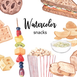 WATERCOLOR CLIPART, snack clipart, food, kitchen cooking, watercolour snacks clipart set,  commercial use, png files, clip art, digital