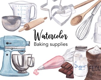 WATERCOLOR CLIPART, baking clipart, food, baking supplies kitchen, food watercolour set, commercial use, png files, clip art, digital