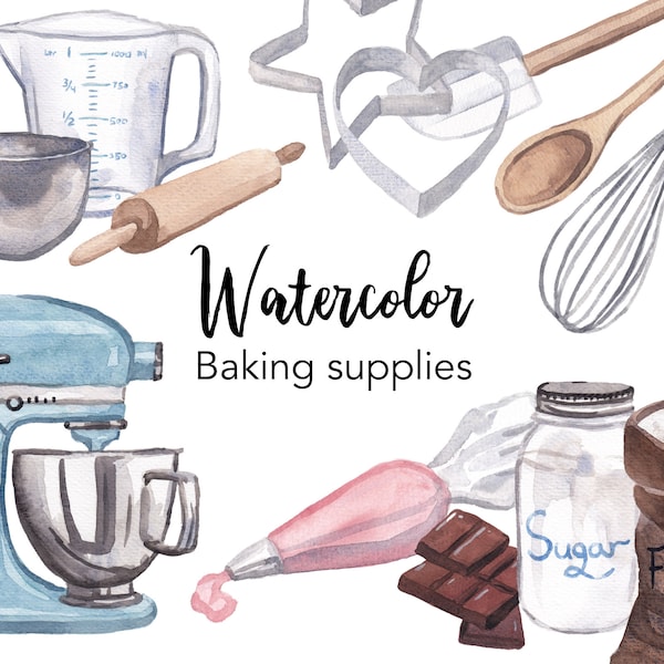 WATERCOLOR CLIPART, baking clipart, food, baking supplies kitchen, food watercolour set, commercial use, png files, clip art, digital