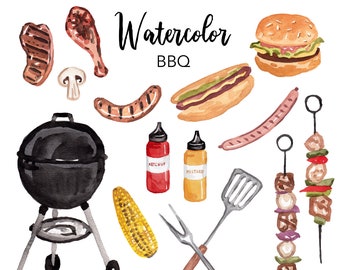 WATERCOLOR CLIPART, bbq clipart, food, grill summer kitchen, camping watercolour clipart set, commercial use, png files, clip art, digital