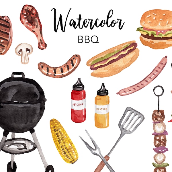 WATERCOLOR CLIPART, bbq clipart, food, grill summer kitchen, camping watercolour clipart set, commercial use, png files, clip art, digital