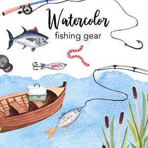 WATERCOLOR CLIPART, fishing gear, fish, boat, summer, clip art set, commercial use, fathers day, png graphics, lake, fishing rod