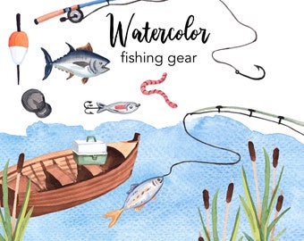 水彩クリップアート、釣り道具、魚、ボート、夏、クリップアートセット、商用利用、父の日、PNG グラフィック、湖、釣り竿