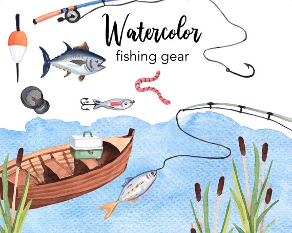 WATERCOLOR CLIPART, Fishing Gear, Fish, Boat, Summer, Clip Art Set