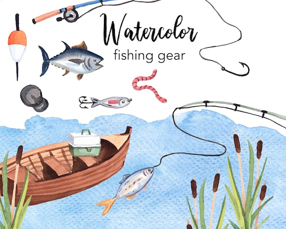 WATERCOLOR CLIPART, Fishing Gear, Fish, Boat, Summer, Clip Art Set