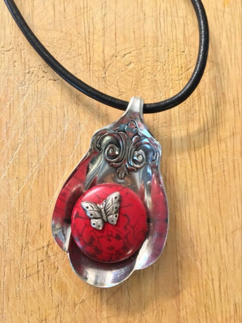Red Boho Vintage Butterfly Spoon Necklace on Black Cord