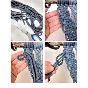 May include: A close-up of a macrame wall hanging project in progress. The image shows the process of attaching dark blue cords to a wooden dowel using a lark's head knot. The text in the image reads: "For the fringe, I cut 28 pieces of dark blue cord, each 9 inches long. You'll then attach each cord with a lark's head knot, two cords through each gap on the outside for a total of 14 cords on each side."
