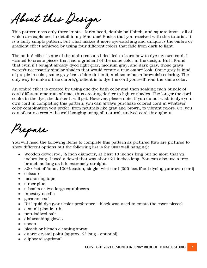 May include: A guide to creating a macrame wall hanging using an ombre effect. The guide lists the materials needed, including a wooden dowel rod, cotton cord, scissors, measuring tape, superglue, s-hooks, a tapestry needle, a garment rack, Rit liquid dye, a small plastic tub, non-iodised salt, dishwashing gloves, a spoon, bleach or bleach cleaning spray, a quartz crystal point, and a clipboard. The guide also includes instructions on how to dye the cord to create an ombre effect.