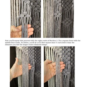 May include: Close-up of a macrame wall hanging with grey and white cords. The cords are tied in a square knot pattern to create a diamond shape. The image shows two different stages of the macrame process.