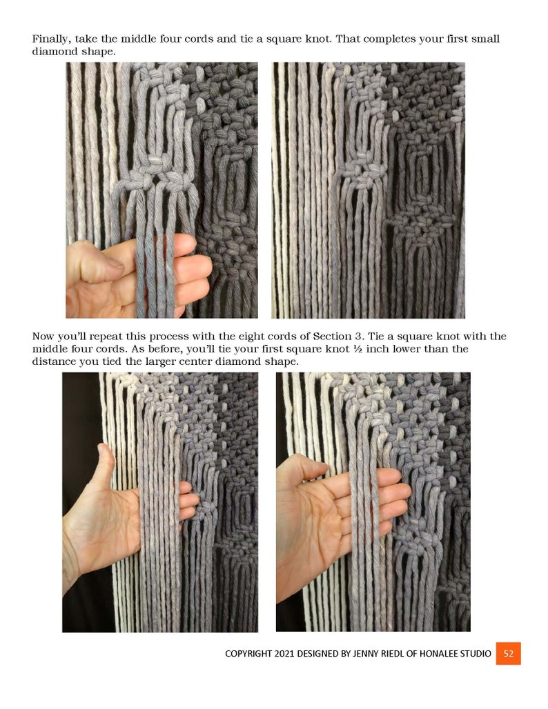 May include: Close-up of a macrame wall hanging with grey and white cords. The cords are tied in a square knot pattern to create a diamond shape. The image shows two different stages of the macrame process.