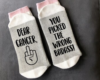 Cancer Socks Cancer Gift-Cancer Picked the Wrong Badass-Cancer Socks-Fuck Cancer Socks-Cancer Gift Basket-Chemotherapy Treatment Socks