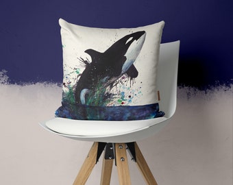 Pillowcase with orca, watercolor motif, killer whale hand-sewn, 45 x 45 cm, with zipper, gift