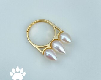 Natural Freshwater Pearl Cute Bear Paw Ring / Freely adjustable size / 14K Gold Plated Silver / Unique Handmade Jewelry / Perfect Gift Idea