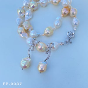 18&quot; Natural Freshwater White Gold Fireball Baroque Pearl Necklace & Earring High Luster / Unique design Handmade Jewelry / Solid S925 Silver
