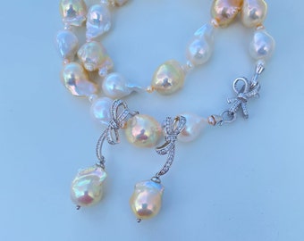18" Natural Freshwater White Gold Fireball Baroque Pearl Necklace & Earring High Luster / Unique design Handmade Jewelry / Solid S925 Silver