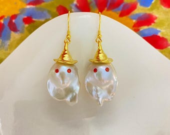Cute Ghost Wizard Natural Freshwater Fireball Baroque Pearl Earrings  / Unique pearl jewelry design / Perfect Handmade Halloween Gift