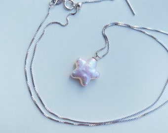 Collana con pendente di perle barocche pentagramma stella d&#39;acqua dolce naturale da 17,7 &quot; / Lunghezza regolabile / Gioielli unici fatti a mano / Argento massiccio S925
