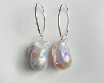 31+mm Large Natural Freshwater Fireball Baroque Pearl Earrings / Unique Modern Statement Jewelry for Women/ Solid Silver / Perfect Gift Idea