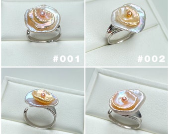 Freshwater Keshi Pearl Ring, Solid S925 Silver Adjustable Band