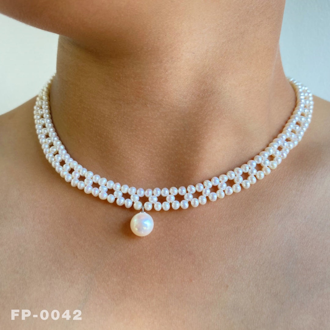 ★PEARLY MORE★ Pearl Point Choker Necklace Pearl Choker Necklace Set With Pearl Stud Earrings 3 Strands