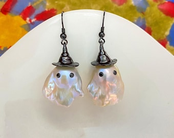 Cute Ghost Wizard Natural Freshwater Fireball Baroque Pearl Earrings  / Unique pearl jewelry design / Perfect Handmade Halloween Gift