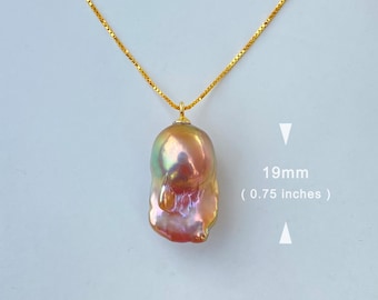 19mm Natural Freshwater Gold Rainbow Fireball Baroque Pearl Pendant Necklace / Adjustable length / Perfect Jewelry Gift / Sterling Silver