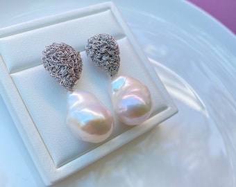 24mm Premium Natural Freshwater Fireball Baroque Pearl Earrings Handwork Bridesmaid Jewelry Wedding Jewelry Gift for her Earring for Women