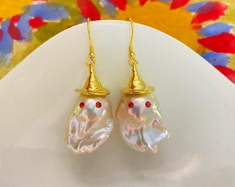 Cute Ghost Wizard Natural Freshwater Fireball Baroque Pearl Earrings  / Unique pearl jewelry design / Perfect Handmade Halloween Gift