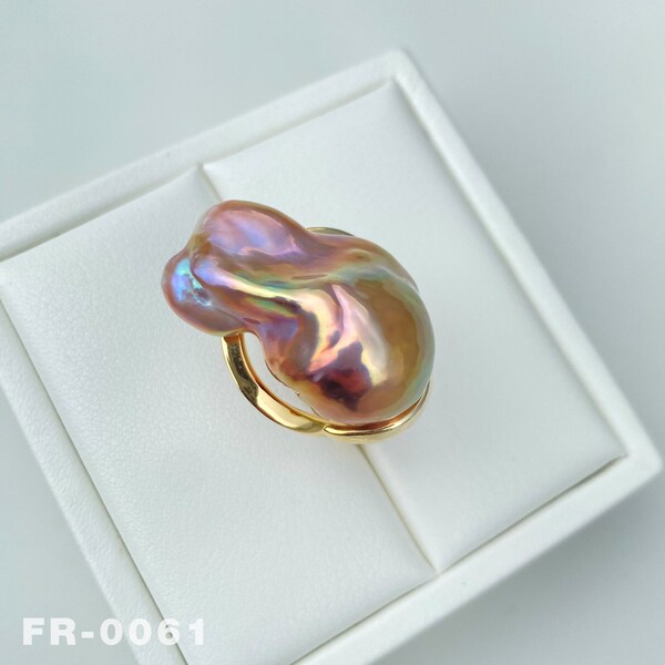 27+mm Natural Large Freshwater Purple Fireball Baroque Pearl Ring / Adjustable size / Unique Jewelry Design / Solid Silver 14K gold plated