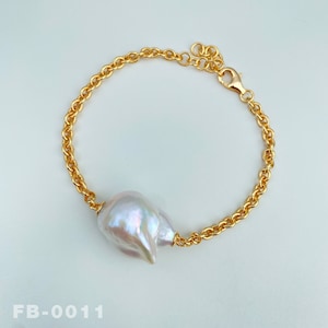 22+mm Natural Large Freshwater White Fireball Baroque Pearl Bracelet / Adjustable size / Unique Jewelry Design Solid Silver 14K gold plated