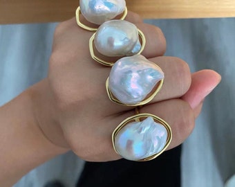 Large Baroque Pearl Ring Freshwater Flame ball Pearl Ring Big Size Fireball Pearl Ring Open S925 Silver Gift For Her