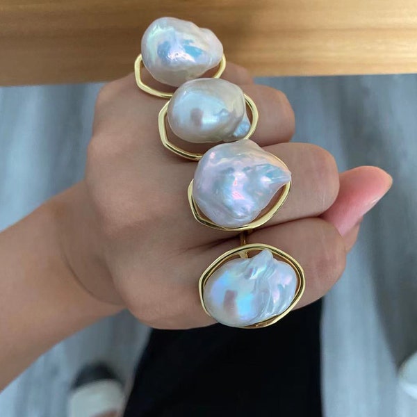 Large Baroque Pearl Ring Freshwater Flame ball Pearl Ring Big Size Fireball Pearl Ring Open S925 Silver Gift For Her