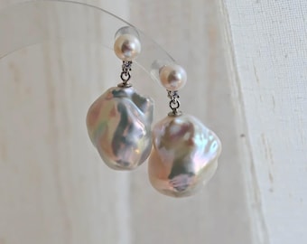 18.5mm Large Natural Freshwater White Rainbow Fireball Baroque Pearl Earrings / Sterling Silver / Unique Handmade Perfect Jewelry Gift